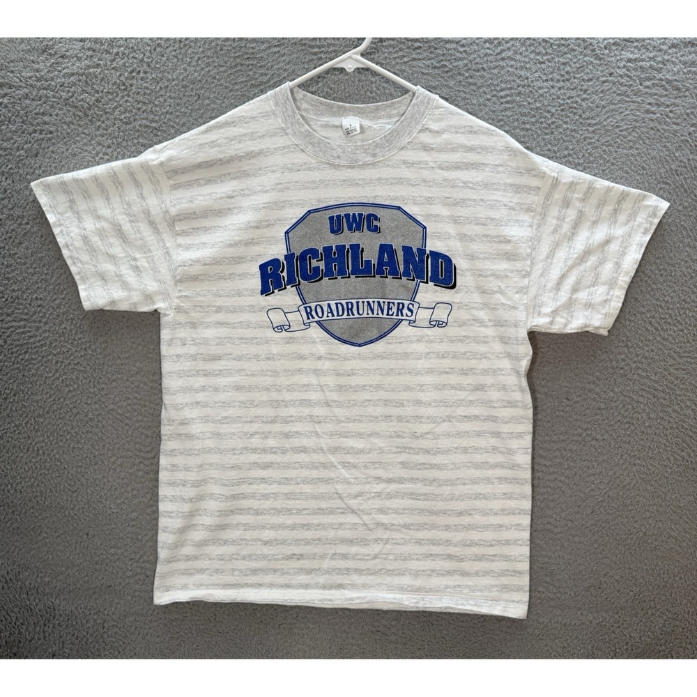 Vintage Single Stitch Shirt Mens L Gray Striped College University Sports 90s